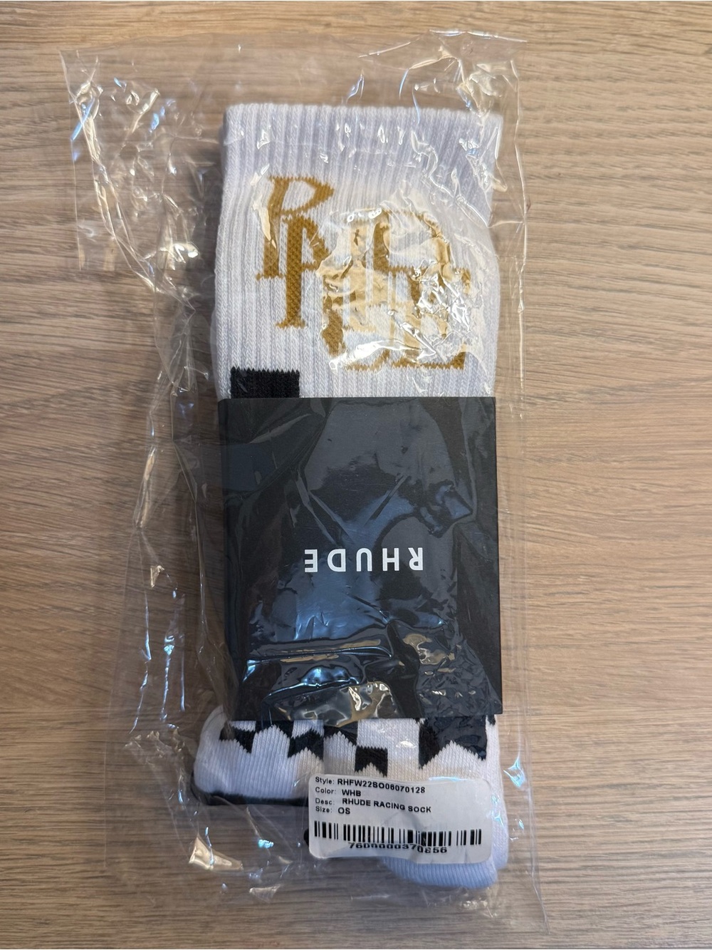 Rhude White Crew Socks with Gold Logo and Black Pattern